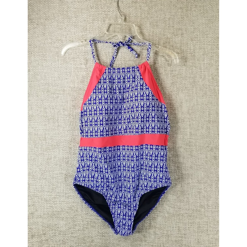 Sea & Sand Beachwear One Piece Swimsuit w/Bra Blue White Coral Women's 16 EUC